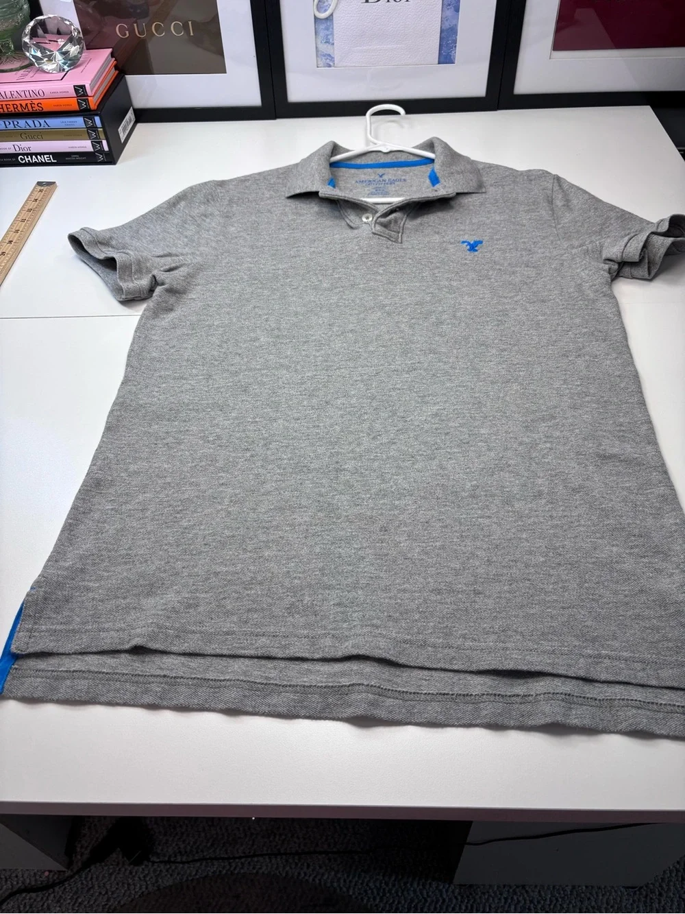 American Eagle Outfitters Classic Fit Heathered Grey Polo with Blue Logo Trim M